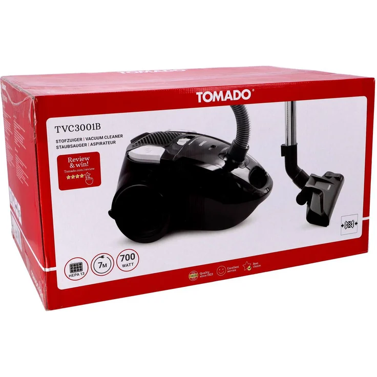 Tomado TVC3001B, Bodenstaubsauger mit 700 Watt Motor und HEPA 13 Filtersystem, schwarz
