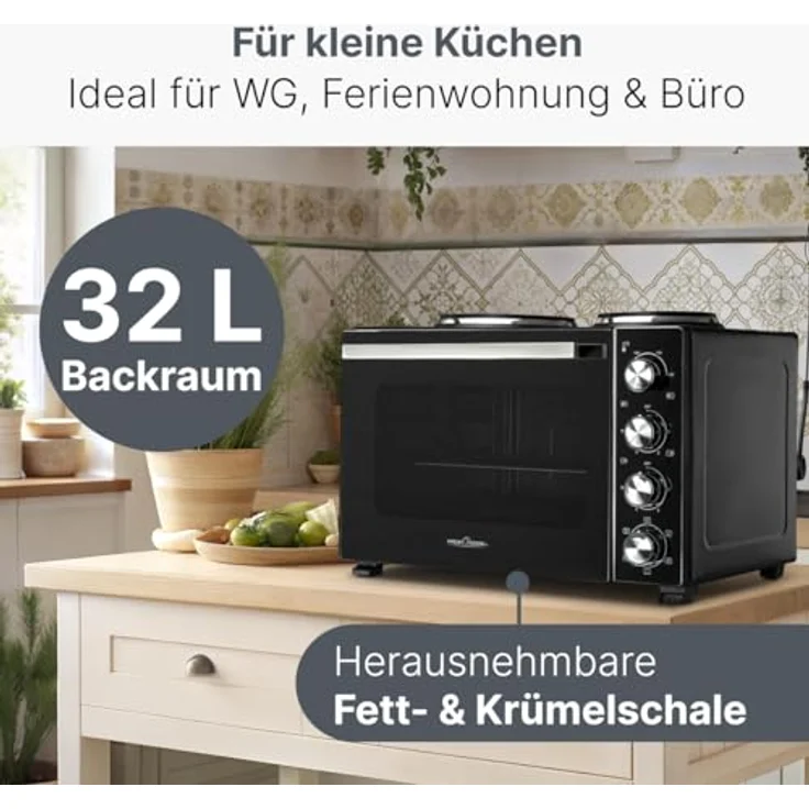 ProfiCook PC KK 1302, Minibackofen 32L mit Kochplatten und Drehspieß, Umluft, Oberhitze, Unterhitze, stufenlos regelbar, umfangreiches Zubehör – Bild 3