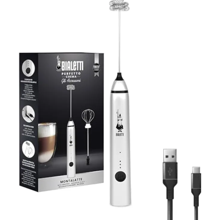 Bialetti Whipper, 3-stufig verstellbar, Doppelquirls, USB-Aufladung, Edelstahl Milchaufschäumer