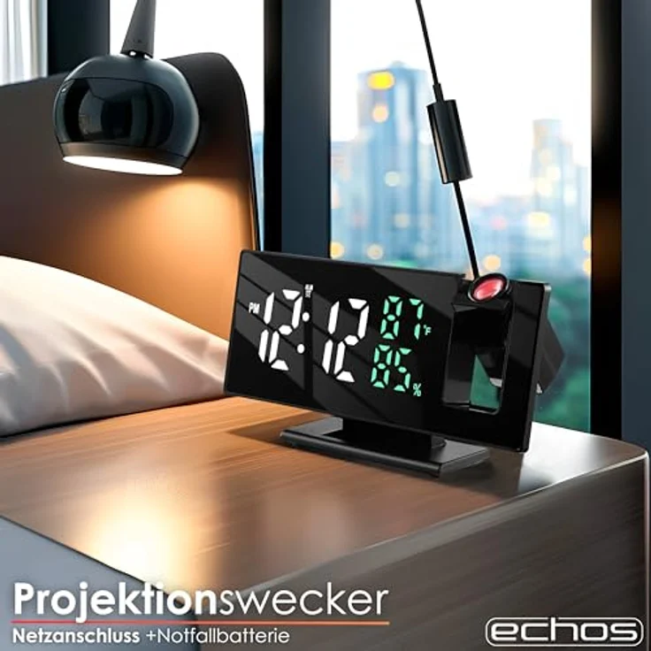 echos Projektionswecker Eco-4600, Großes LED-Display mit 3m Projektion, Temperatur- und Luftfeuchtigkeitsanzeige, schwarz – Bild 2