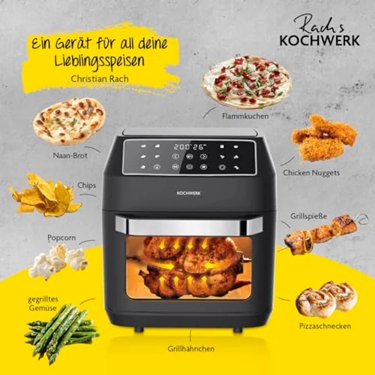 Rachs KOCHWERK Digitale Heißluftfritteuse 12 Liter mit XXL-Zubehörpaket | Ofen, Grill & Fritteuse mit Sichtfenster & Touchscreen | Airfryer ohne Öl | 10 Programme & Timerfunktion – Bild 5