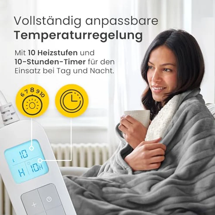 Cosi Home Heizdecke 200 x 150 cm - Elektrische Wärmedecke mit Abschaltautomatik, Überhitzungsschutz, Waschbar, Kuscheliges Sherpa & Fleece, 10 Heizstufen mit digitaler Fernbedienung - Grau – Bild 5