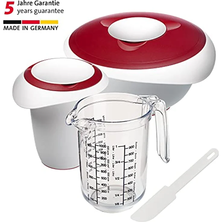 Westmark Back-Set, 4tlg. bestehend aus Rührschüssel (3,5L), Quirltopf (1L), Messkanne (1L) und Schaber/Kuchenlöser, Kunststoff, Weiß/Rot/Transparent, 315522E7 – Bild 2