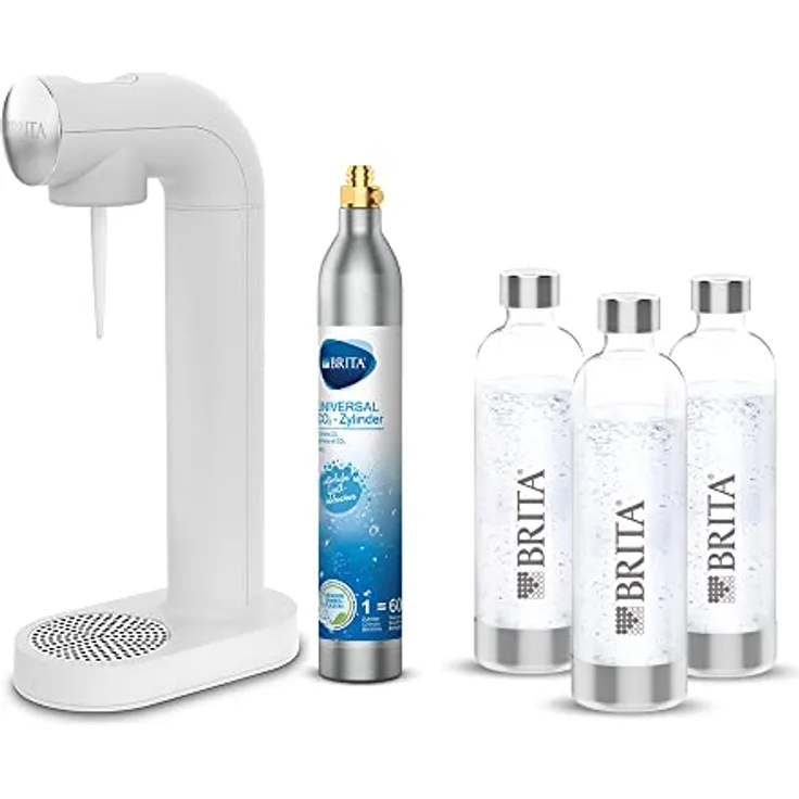 BRITA Wassersprudler sodaONE weiß inkl. CO2-Zylinder und 3 BPA-freien PET-Flaschen I Macht aus Leitungswasser prickelndes Sprudelwasser (bis zu 60l pro Zylinder)
