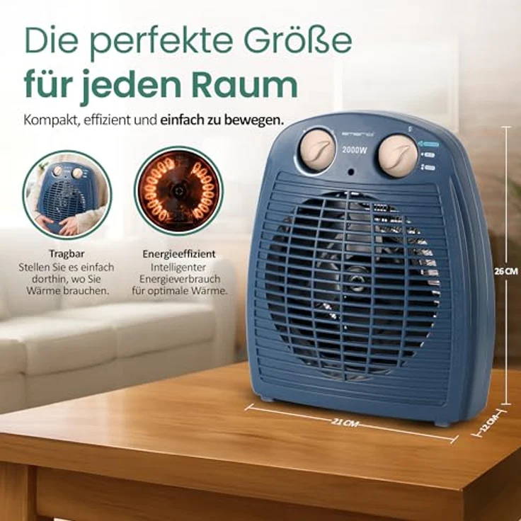 Emerio Heizlüfter FH-106737.12, 2000W Heizgerät für Räume bis 25 m², 2 Heizstufen, Ventilationsfunktion, einstellbarer Thermostat, Sicherheits-Kippschutz, Blau – Bild 5