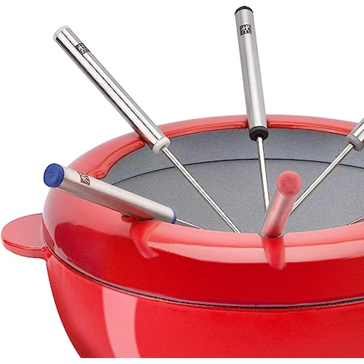Zwilling Cherry Emaille Gusseisen Pfanne Schweizer Fondue Set für geschmolzenen Käse 6 Edelstahl Gabeln Schokoladenschmelztopf Spritzschutz für alle Herdarten Speisenwärmer 40201-002 – Bild 2