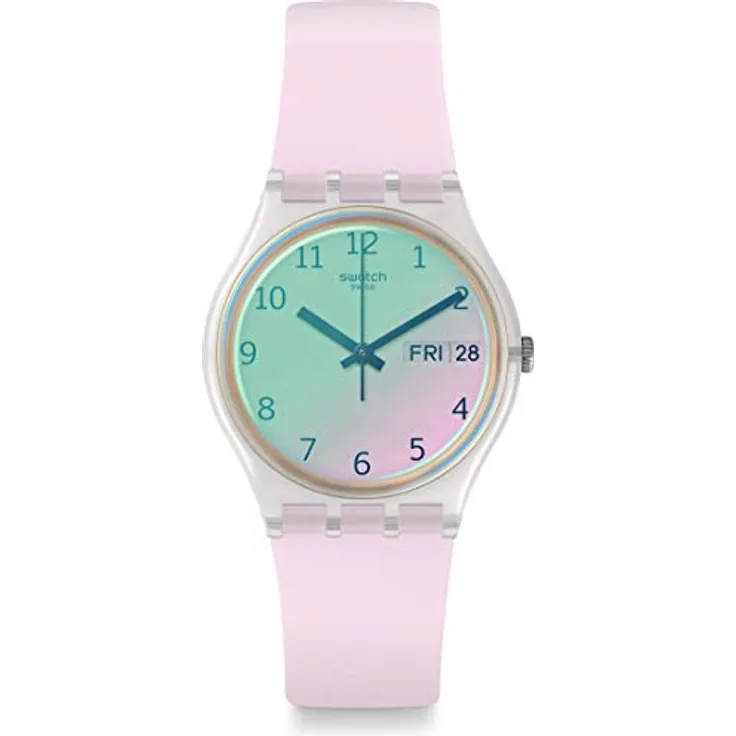 Swatch Unisex Erwachsene Analog Quarz Uhr mit Silikon Armband GE714, schimmerndes Ziffernblatt, 3bar wasserdicht, weißes Silikon Armband, grüne Zeiger