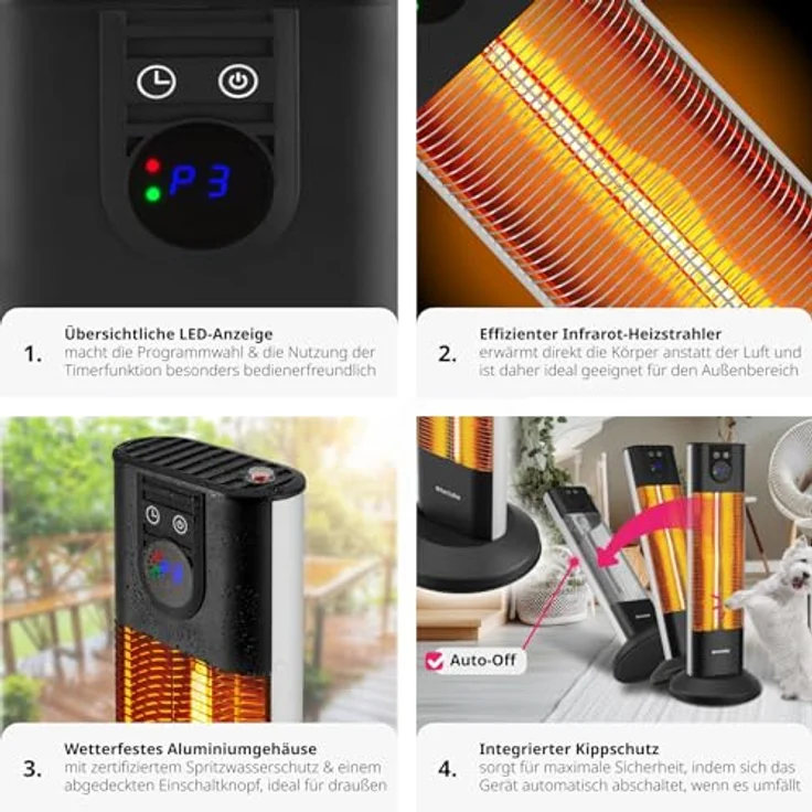 tectake® Infrarot Heizstrahler mit Kippschutz und Timer, 1500W, für Innen und Outdoor, elektrischer Heizlüfter, Infrarotheizung Terrasse - Aluminiumgehäuse – Bild 4