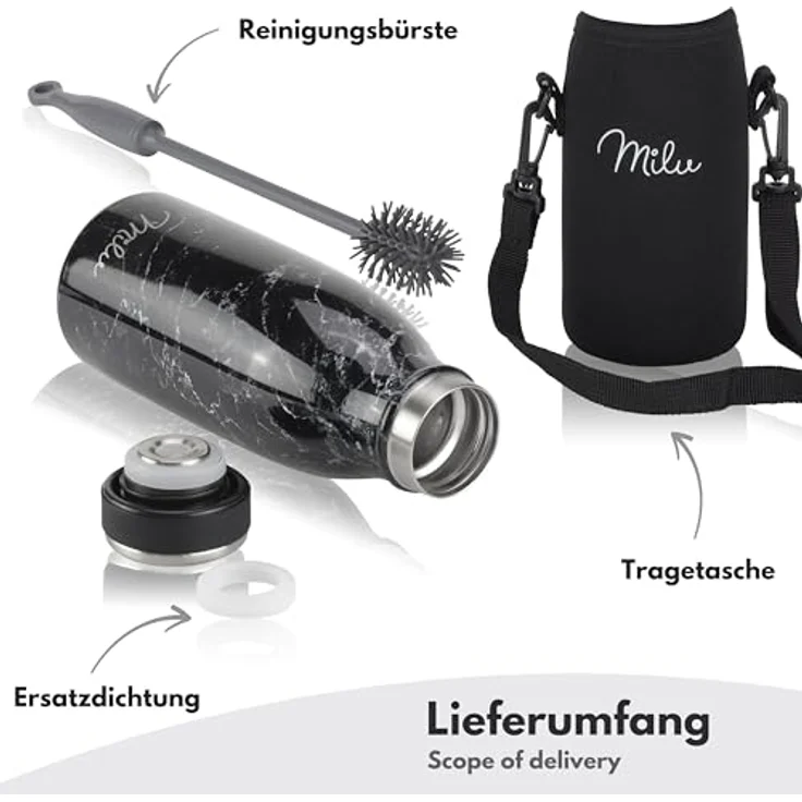 Milu Edelstahl Trinkflasche 350ml – Isolierflasche auslaufsicher, geeignet für kohlensäurehaltige Getränke, inkl. Reinigungsbürste (Granit) – Bild 5