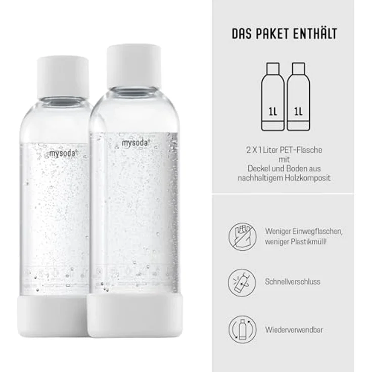 Mysoda Wasserflasche für Wassersprudler, BPA-freies Plastik mit Quick-Lock Schnellverschluss, 2 x 1L - Weiß – Bild 2