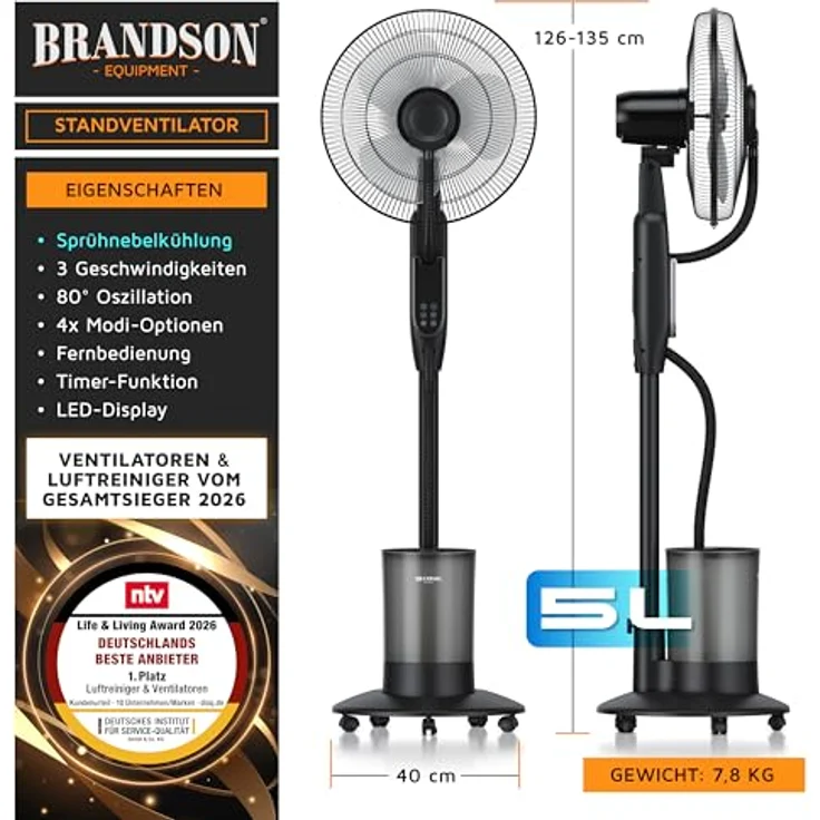Brandson 308329 Ventilator mit Ultraschall-Luftbefeuchter, 5L Wassertank, Fernbedienung, Timer, 80° Oszillation, Verdunstungskühlung – Bild 2