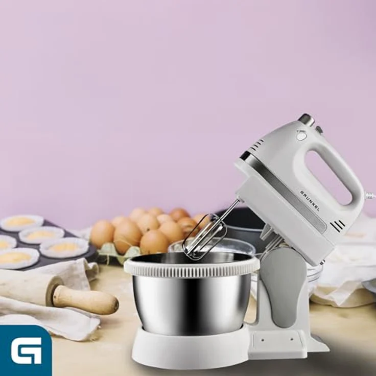 Grunkel - Mixer mit 5 Geschwindigkeiten AM-350TURB05BOWL - Inklusive Schüssel und zwei verschiedenen Rührstäbchen zum Mischen und Kneten, für Bäckerei und Gebäck - Weiß (350 W) – Bild 3