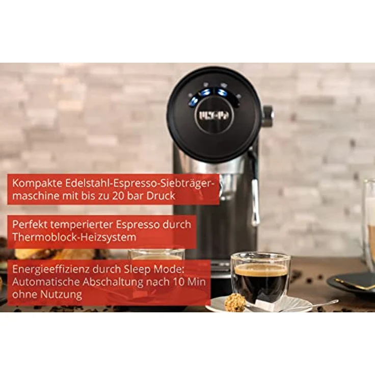 Unold Espressomaschine PICCOPRESSO 28636 | Espresso-Siebträgermaschine Edelstahl für 1-2 Tassen Espresso, mit schwenkbarer Milchschaumdüse, Heißwasserfunktion, 0,9 Liter Wassertank, 1150-1360 Watt – Bild 2