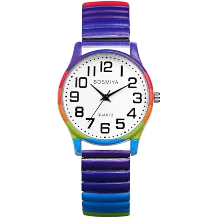 JewelryWe Regenbogen Damenuhr, Boho LGBTQ Pride Analog Quarz Armbanduhr mit elastischem Edelstahl Zugarmband und großen Zahlen Zifferblatt, 10M wasserdicht
