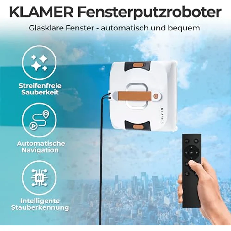 KLAMER Fensterputzroboter, kompaktes Modell mit automatischer Kanten-Erkennung, zwei Reinigungsmodi und Fernbedienung/App Steuerung, absturzsicher – Bild 2