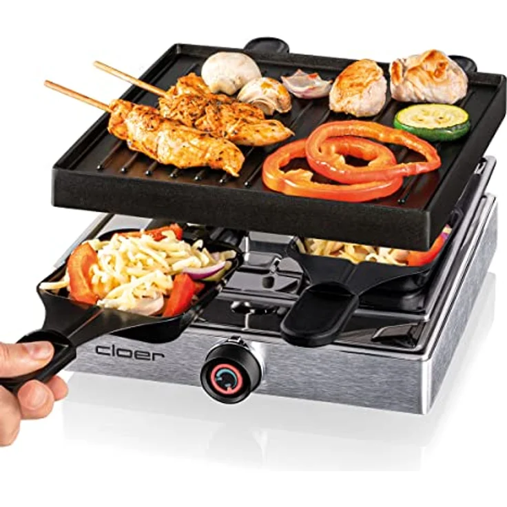Cloer 6454 Raclettegrill mit Aluminium-Druckguss Platte, 750 W, 4 antihaftbeschichtete Raclettepfännchen, Kunststoffspachtel, unbeheizter Parkplatz, Aluminium – Bild 5