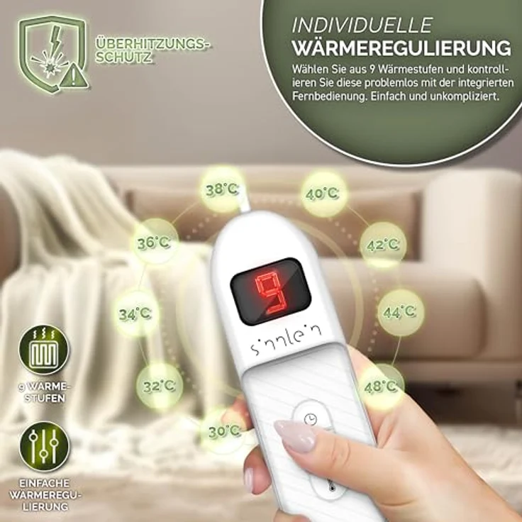 sinnlein Heizdecke aus Plüsch 200 x 180 cm creme elektrische Wärmedecke mit Abschaltautomatik und Timer 9 Temperaturstufen waschbar – Bild 5