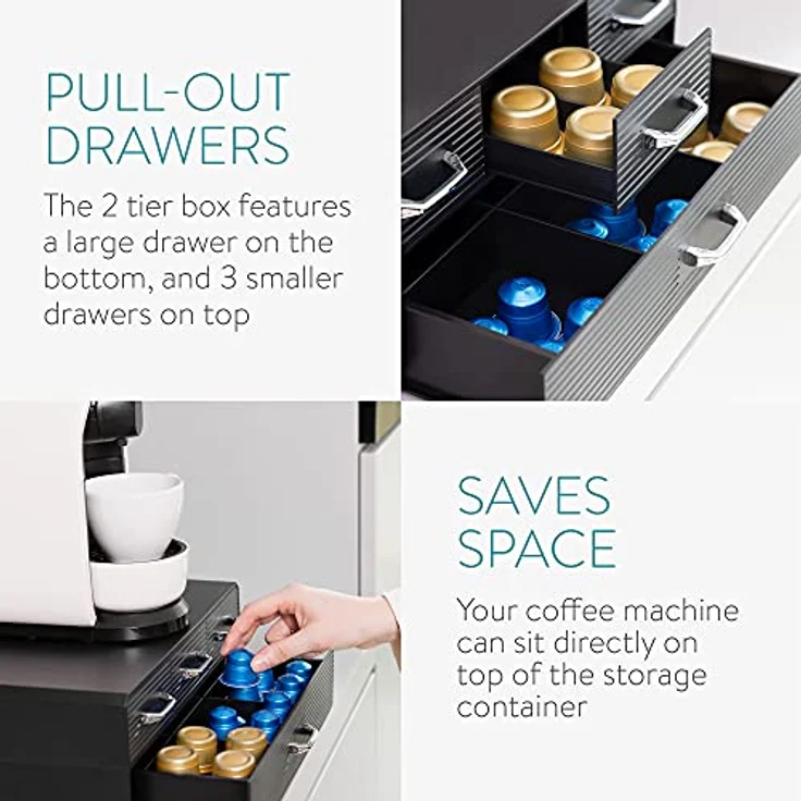 Navaris Kapselhalter für u.a. 96 Nespresso Kapseln - Aufbewahrung mit 4x Schublade für Kaffeekapseln - Kapselbehälter Schubladenbox in Schwarz – Bild 3
