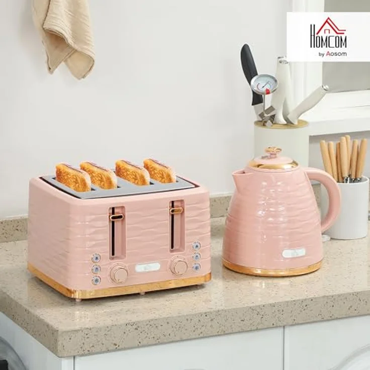 HOMCOM Toaster Frühstück-Set, 1,7L Wasserkocher und 4-Scheiben Toaster, 2200 W, mit Auftau-, Aufwärm- und Krümelfach, Rosa – Bild 2