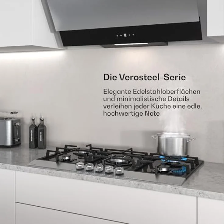 Klarstein Verosteel Gaskochfeld, 90cm 5-Brenner Kochfeld, Glas & Edelstahl, 10400W, Flüssiggas/Erdgas, elektrische Zündung, Flammenausfallschutz – Bild 2