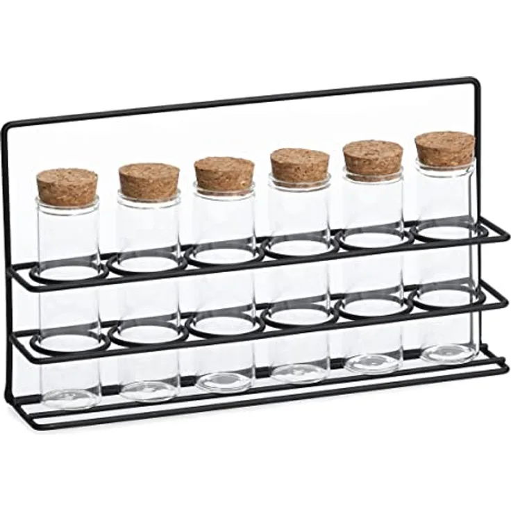Zeller 19584 Gewürzständer-Set, 7-tlg., 55 ml, Glas/Metall/Kork, ca. 24,5 x 4,7 x 14 cm, Flasche:Ø3x10,7, Gewürzständer mit Tragegriff, Reagenzgläser-Stil, Geschenkidee, Dekoration