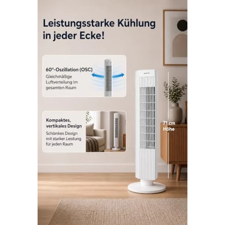 KUMTEL KTF-258W Standventilator, 70 cm Durchmesser, 60° Oszillation, 3 Geschwindigkeitsstufen, 2-Stunden-Timer, maximale Höhe 71 cm, weiß – Bild 10