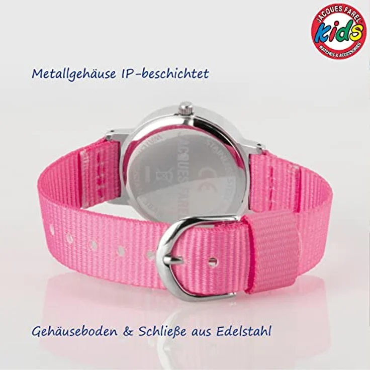 JACQUES FAREL Happy Learning Kinder-Armbanduhr Lernuhr Mädchen Rosa Analog Quarz Metall Textilband KOP 04 – Bild 4