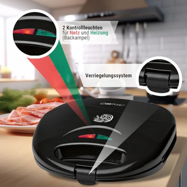 Clatronic ST 3477 Sandwichtoaster, 3-eckige Sandwichplatten, automatischer Temperaturregler, mit 2 Kontrollleuchten, Antihaftbeschichtung, Überhitzungsschutz, schwarz – Bild 6