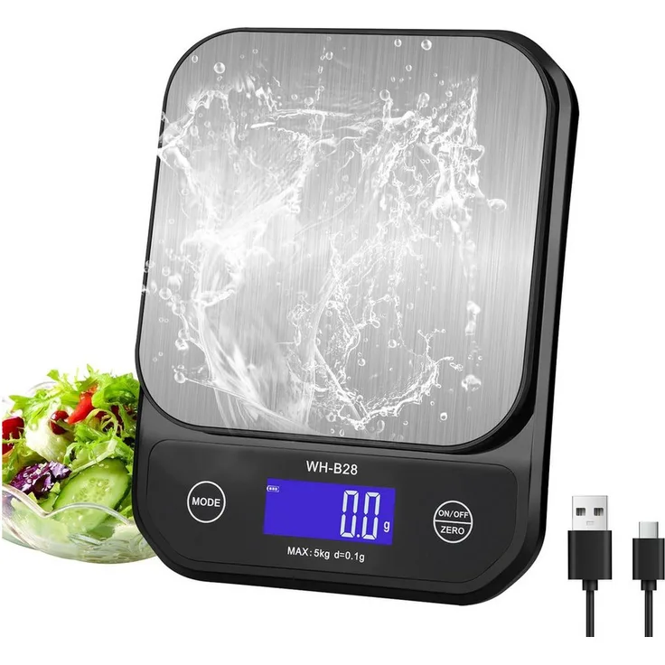 BlingBin Digitale Küchenwaage IP67 Wasserdicht, 5kg/0.1g mit LED-Display und USB-Akku, Elektronische Lebensmittelwaage für Kochen und Backen
