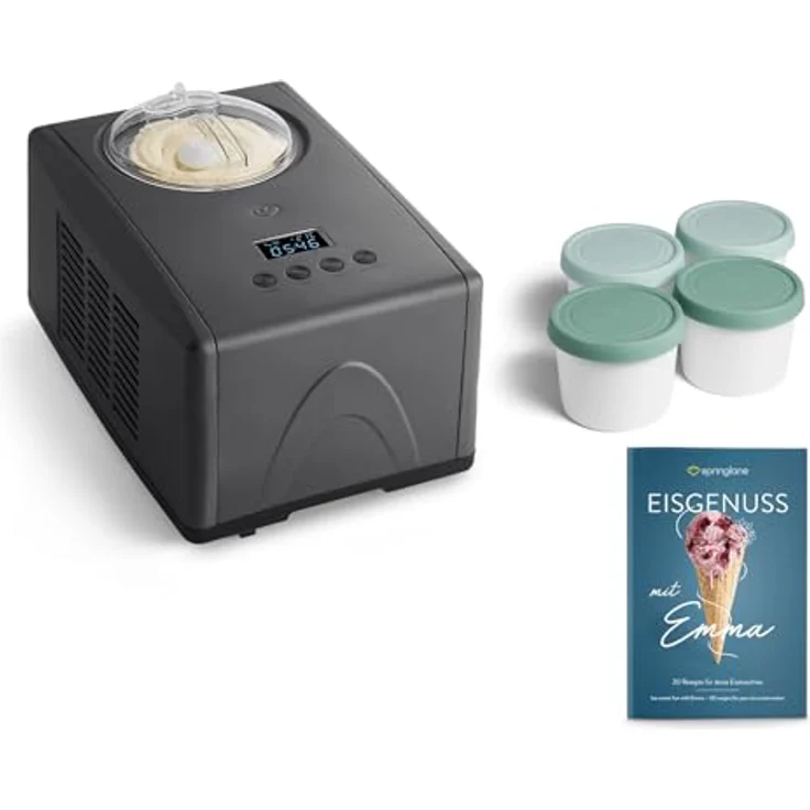 Springlane Kitchen Eismaschine Emma 1,5 L mit selbstkühlendem Kompressor 150 W, aus Edelstahl mit entnehmbarem Eisbehälter, inkl. Rezeptheft (Anthrazit, Emma Anthrazit + 4 Eisbehälter Mini Mint) – Bild 1