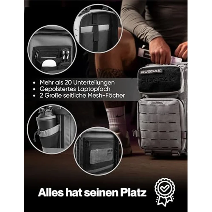 RUGSAK Alpha Go 25L Rucksack Ash Gray – Wasserabweisend, 18-Zoll Laptopfach, Ergonomisch, Alltag, Reise & Outdoor – Bild 6