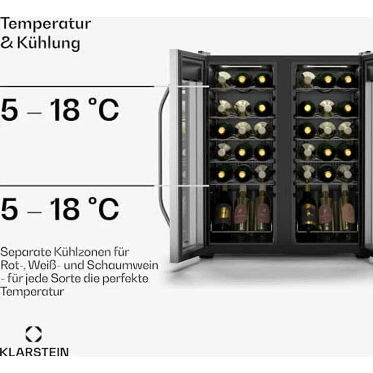 Klarstein Vinamour Weinkühlschrank 36 Flaschen – 2 Zonen, Touch-Steuerung, LED, Edelstahl-Doppeltür, UV-Schutz, freistehend – Bild 4