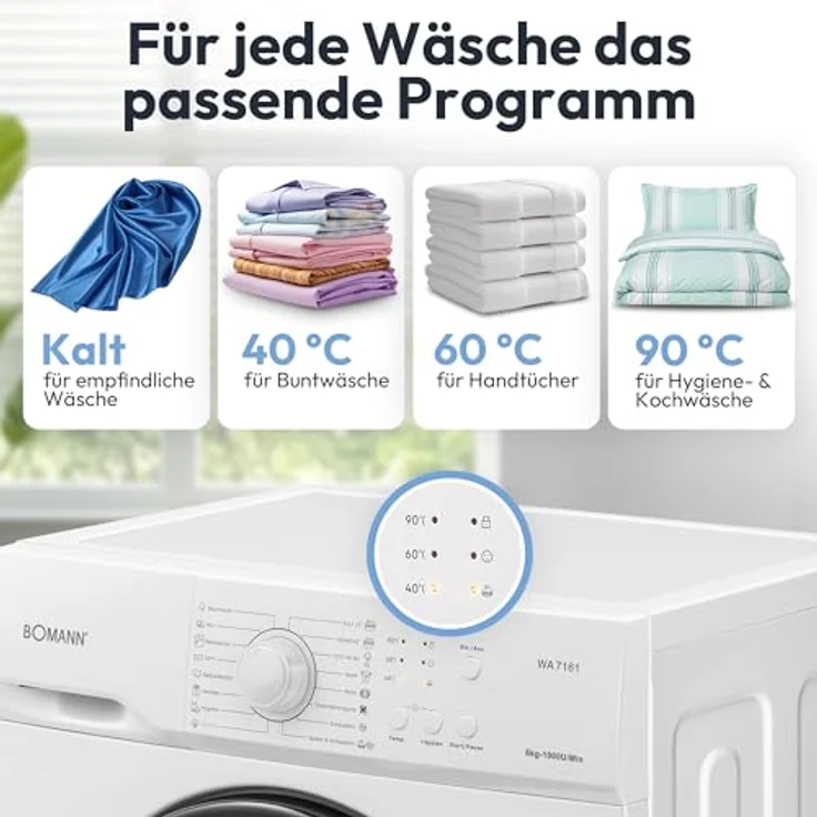 Bomann® Waschmaschine WA 7161, 6kg Fassungsvermögen, 1000 U/Min., 16 Waschprogramme, Edelstahl-Trommel, Energieeffizienzklasse A – Bild 7