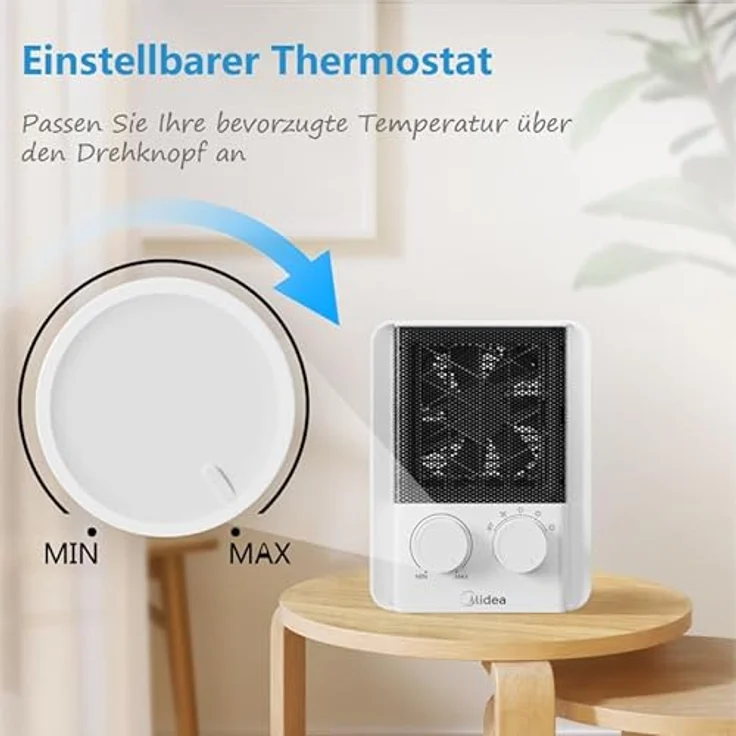 Midea NTY20-22E(WH) Heizlüfter Klein,2000W energieeffizienter heizlüfter kleiner Raumheizer für Büro und Schlafzimmer,2 Heizstufen,einstellbares Thermostat,Überhitzungsschutz,Kippschalterschutz – Bild 5