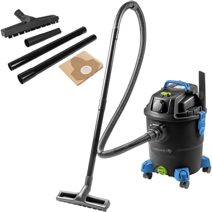 Högert Technik Nass- & Trockensauger HT-1200, 20 L, 1200 W, Blasfunktion, Steckdose für Elektrowerkzeuge, mobil mit 4 schwenkbaren Rädern, 1,5 m Schlauch, 4 m Kabel – Bild 1