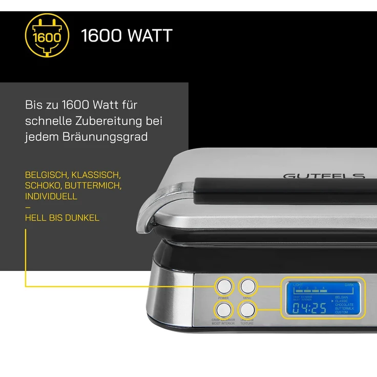 Gutfels WAFFLE 5010 Waffeleisen, 1600 Watt, antihaftbeschichtete Platten, Timer, Display, 5 Programme, schwarz, inox – Bild 7