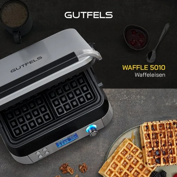 Gutfels WAFFLE 5010 Waffeleisen, 1600 Watt, antihaftbeschichtete Platten, Timer, Display, 5 Programme, schwarz, inox – Bild 3