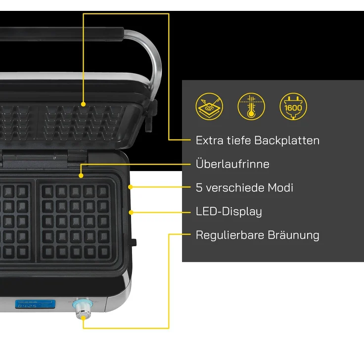 Gutfels WAFFLE 5010 Waffeleisen, 1600 Watt, antihaftbeschichtete Platten, Timer, Display, 5 Programme, schwarz, inox – Bild 4