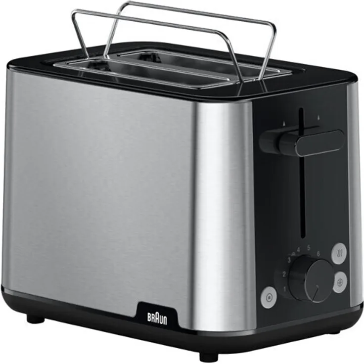 Braun HT1510BK-Schlitz-Toaster, 900 Watt, inkl. Brötchenaufsatz, automatisches Brötchenzentriersystem, schwarz, silber