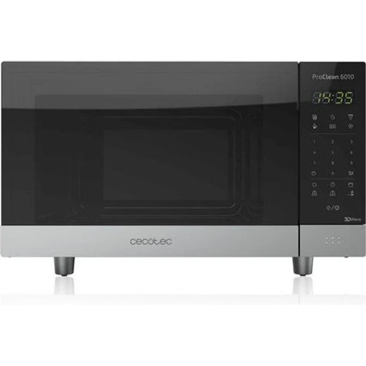 Cecotec ProClean 6010 Mikrowelle, 23 Liter Garraum, 800 Watt, Standgerät, 3D Wave, Spiegeltür, 8 Programme, 60 Min Timer LED, Kindersicherung, Rostfreier Edelstahl, Schwarz Silberfarben