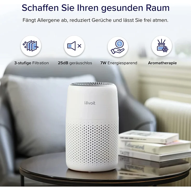 Levoit HEPA Luftreiniger mit Aromatherapie, Core Mini Air Purifier, 7 Watt energiesparend, 3 Geschwindigkeiten, gegen Schimmel Staub Tierhaare bis zu 0,3 μm für Allergiker Schlafzimmer, 25dB, 100% Ozonfrei – Bild 2