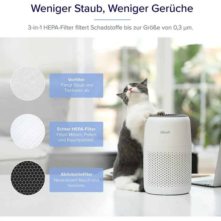 Levoit HEPA Luftreiniger mit Aromatherapie, Core Mini Air Purifier, 7 Watt energiesparend, 3 Geschwindigkeiten, gegen Schimmel Staub Tierhaare bis zu 0,3 μm für Allergiker Schlafzimmer, 25dB, 100% Ozonfrei – Bild 10