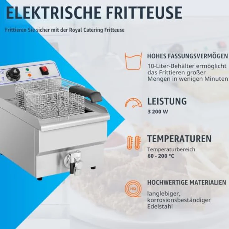 Royal Catering Fritteuse 10 L Edelstahl Kaltzone mit Ablasshahn Gastronomie, 3200 W - Profi Elektro-Fritteuse mit 10 l Kapazität, 3200 W, Edelstahl – Bild 3