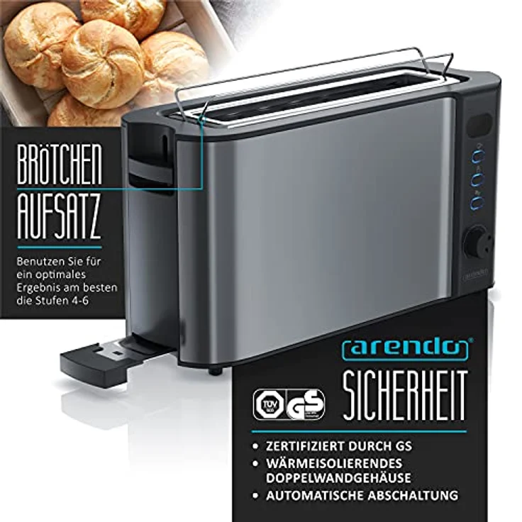 Arendo Frukost 2 Scheiben Langschlitztoaster - LCD Display mit Restzeitanzeige, Auftaufunktion, Brotzentrierung - Edelstahl, Cool Grey – Bild 2