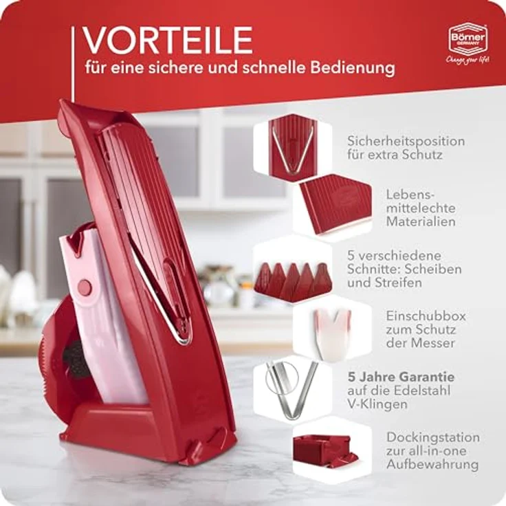 Börner Gemüsehobel V1 ClassicLine Profi Set, Kunststoff, mit 2 Messereinschüben und Dockingstation rot – Bild 6