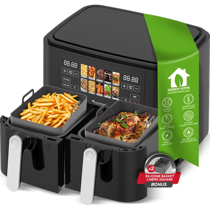 TurboTronic Heißluftfritteuse XXL Dual Chef Professional, 2600W / 9L, 12 Programme, fettfreies Frittieren, 2x 4,5L Kammer, digitales Touch-Display, spülmaschinenfest