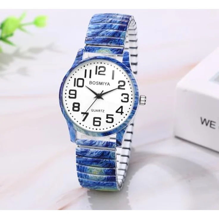 JewelryWe Damenuhr Boho, Van Gogh Sternenhimmel Analog Quarz Armbanduhr mit elastischem Edelstahl Stretch-Armband und großen Zahlen – Bild 5