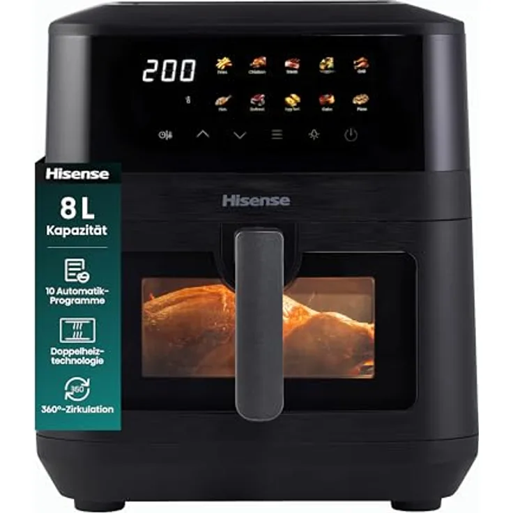 Hisense HAF2100DCD Heißluftfritteuse, 2100 W, 7,7 L, 10 voreingestellte Programme, Antihaft-Beschichtung, Energieeffizient, Start Delay Funktion, Schwarz