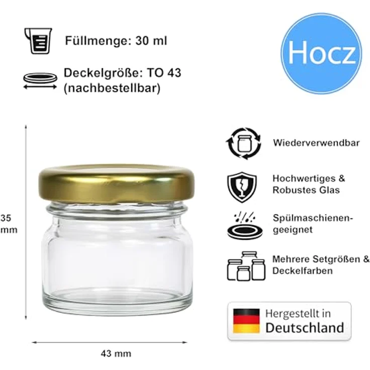 hocz 100x Mini Marmeladengläser 30 ml, Schraubgläser mit goldenen Deckeln TO 43, luftdicht und spülmaschinenfest, perfekte Einmachgläser für Marmelade und Chutney, 100 Stück – Bild 2
