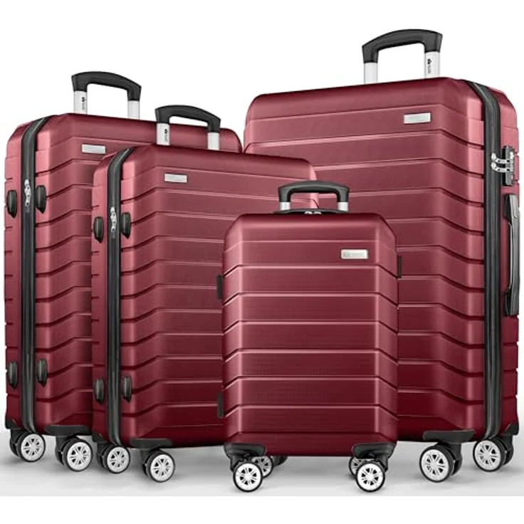 tillvex® Reisekoffer Set 4-TLG. Hartschalenkoffer mit 4 Rollen, TSA Schloss, integrierte Gepäckwaage, 8 Koffergurte & 4 Kofferanhänger, Größen S-M-L-XL, Rot – Bild 1